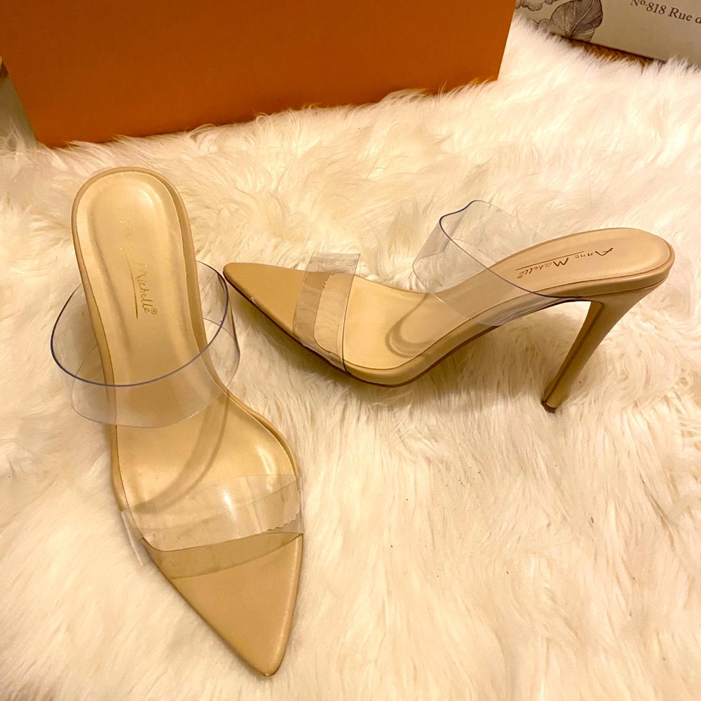 Pointy clear strap heels